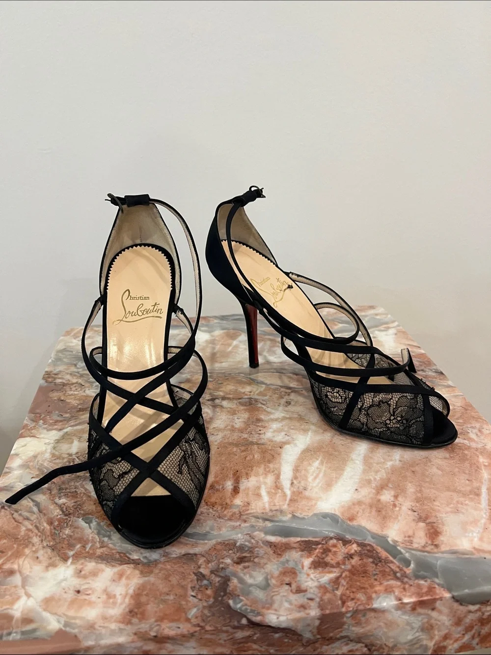 Christian Louboutin Black Lace Strappy Stiletto Sandals